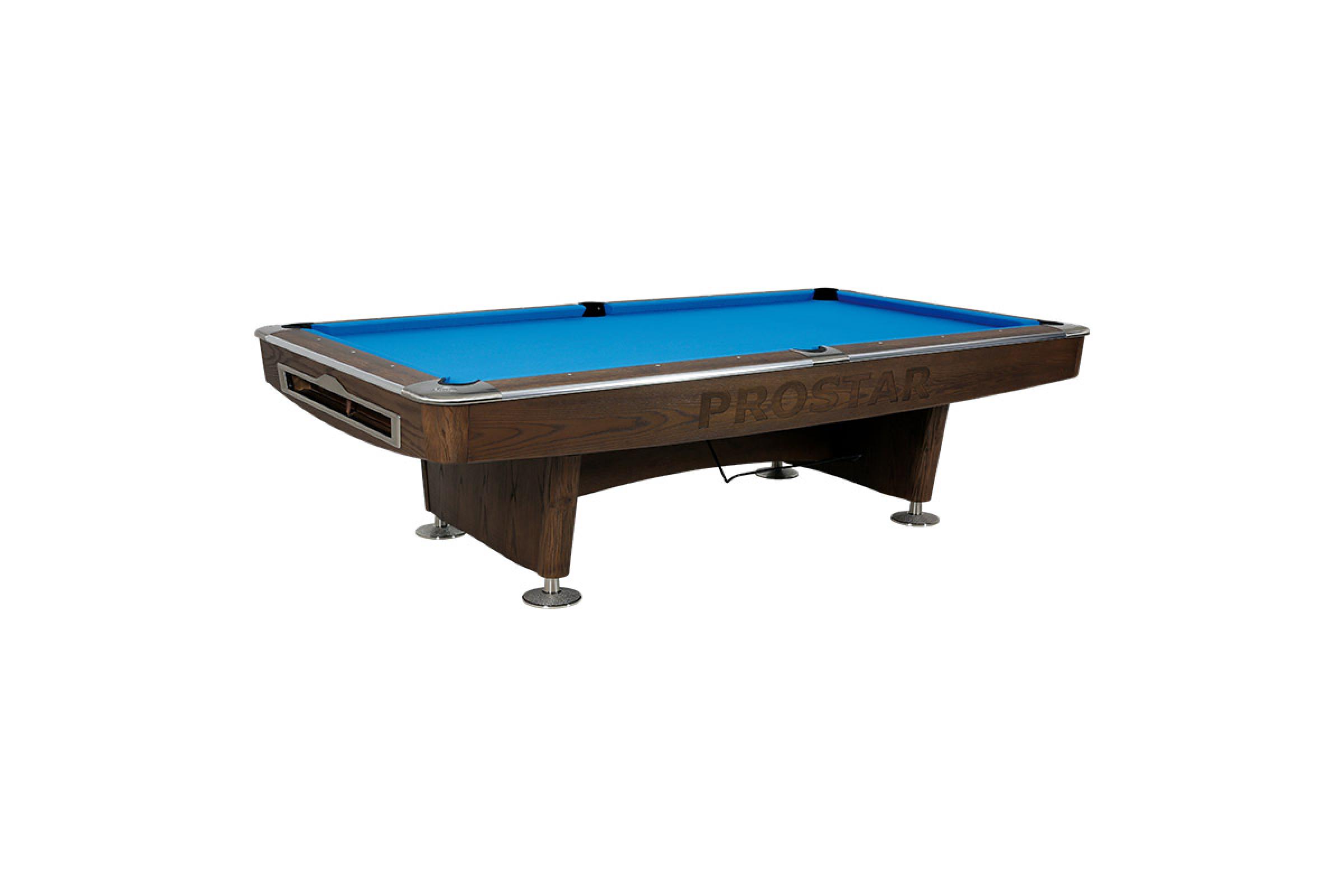 Mesa de bilhar pool com pano azul, tacos e bolas numeradas